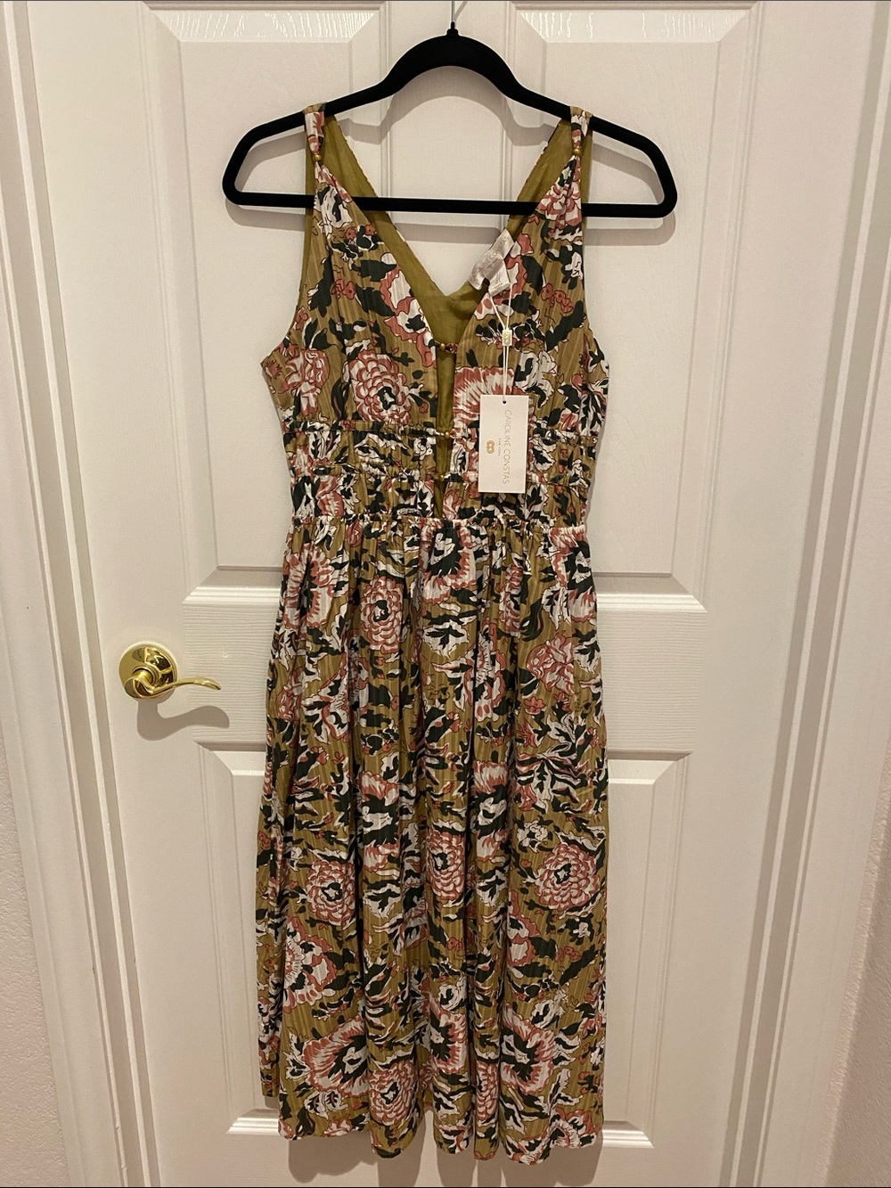 Caroline Constas Olive and Pink Floral V-Neck Midi Dress